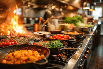 Busy professional kitchen with flames cooking fresh ingredients in pans, showcasing culinary action...