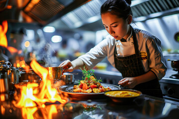 A professional female chef garnishing a dish in a commercial kitchen with flames rising from the...