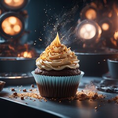Delicious cupcake in cinematic and studio lighting background, The aroma, blend of sweet vanilla, tangy buttermilk