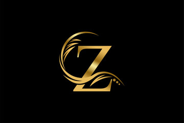 Gold letter Z logo design with beautiful leaf, flower and feather ornaments. initial letter Z. monogram Z flourish. suitable for logos for boutiques, businesses, companies, beauty, offices, spas, etc