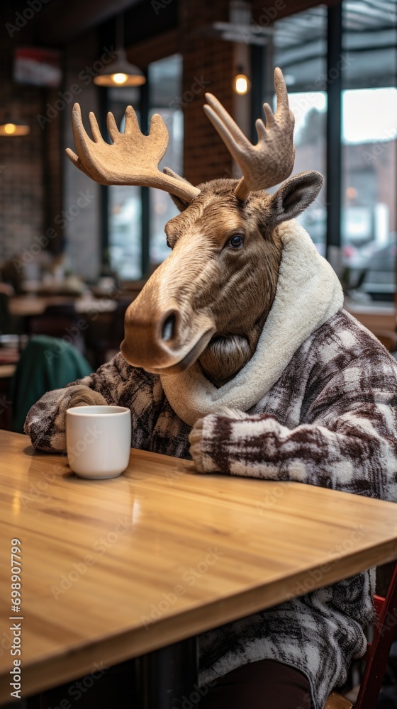 Canvas Prints A big moose mask sitting at a table with a cup of coffee. Generative AI.