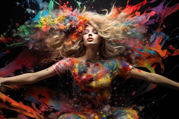 Woman with flowing hair amidst vibrant paint splashes.