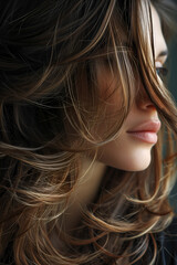 Obraz premium Close-up of Feathered Layers Hairstyle, young attractive model