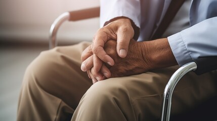 Arthritis hand and knee pain or mental health care with geriatric doctor consulting examining comforting elderly senior aged adult in medical exam clinic or hospital, - obrazy, fototapety, plakaty