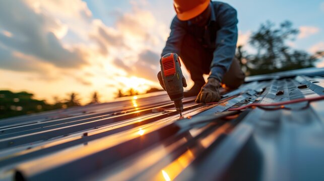 Construction worker install new roof. Roofing tools. Electric drill used on new roofs with metal sheet