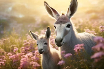 Deurstickers cute baby donkey and mother on floral meadow  © Bilal
