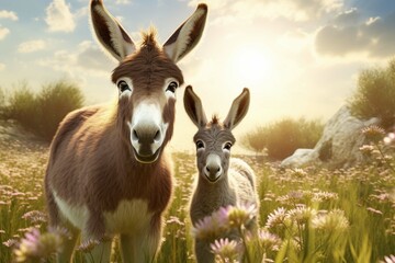 cute baby donkey and mother on floral meadow 