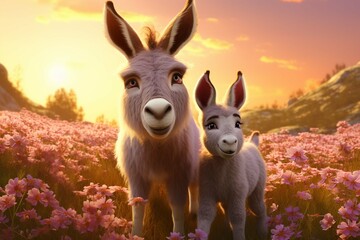 cute baby donkey and mother on floral meadow 