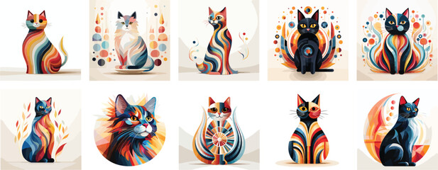 Set of abstract cat in geometric shapes. vector illustration.