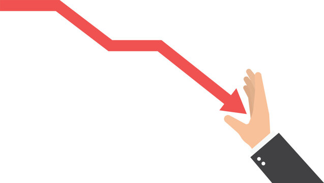 Costs reduction, costs cut, costs optimization, cost crisis financial business concept. Big hand of a businessman with a descending curve or arrow. vector illustration

