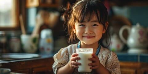 Asian little cute kid holding a cup of milk in kitchen in house. - obrazy, fototapety, plakaty