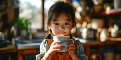 Asian little cute kid holding a cup of milk in kitchen in house.