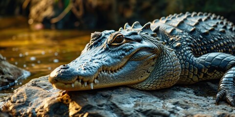 Fototapeta premium Siamese Crocodile lounges near pond, attentively observing.