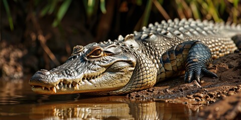 Fototapeta premium Siamese Crocodile lounges near pond, attentively observing.