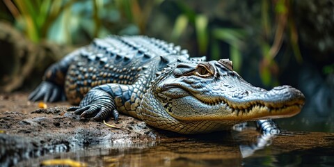 Fototapeta premium Siamese Crocodile lounges near pond, attentively observing.