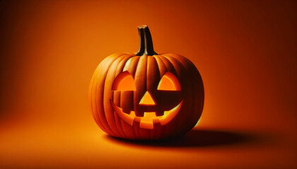 A Halloween pumpkin on an orange background.