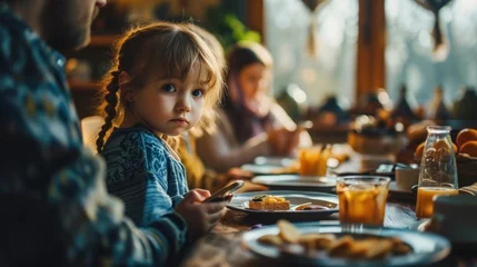 Fotobehang An upset daughter sat at the lunch table watching her parents and grandparents addicted to their smartphones while they ate breakfast. © sirisakboakaew