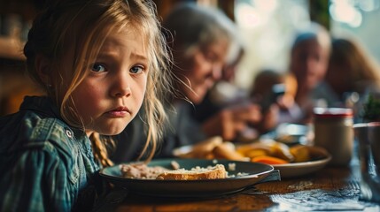 An upset daughter sat at the lunch table watching her parents and grandparents addicted to their smartphones while they ate breakfast. - obrazy, fototapety, plakaty