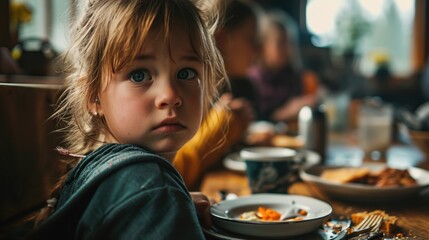 An upset daughter sat at the lunch table watching her parents and grandparents addicted to their smartphones while they ate breakfast. - obrazy, fototapety, plakaty