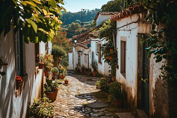 A narrow alleyway lined with potted plants and flowers - obrazy, fototapety, plakaty