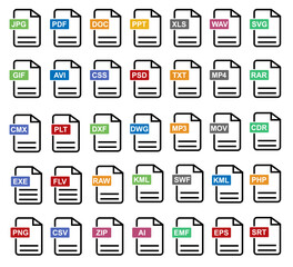 File format of document icon set. Vector illlustration. collection format JPG, PDF, DOC, PPT, XLS, MP4, RAR, PSD, EPS, AI, ZIP, MP3, MPV, GSF and more. editable file