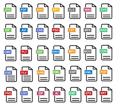 File format of document icon set. Vector illlustration. collection format JPG, PDF, DOC, PPT, XLS, MP4, RAR, PSD, EPS, AI, ZIP, MP3, MPV, GSF and more. editable file