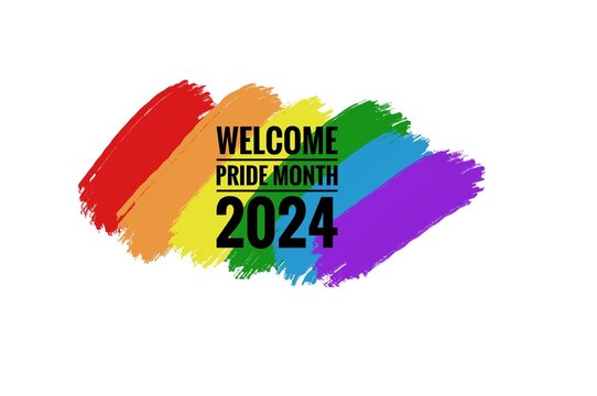 Welcome Pride Month 2024 on hand drawn picture of rainbow colors stripes. White background. Concept, symbol of LGBT community celebration around the world in June. Support human right. Greeting card.