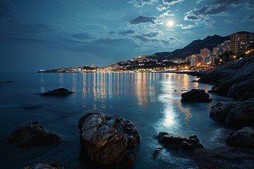 A serene nighttime scene of a beach with a moonlit sky and a few rocks