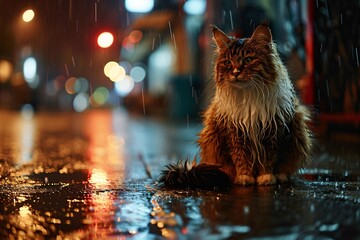 A cat sitting on a street corner in the rain - obrazy, fototapety, plakaty