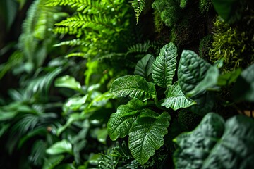 A lush green plant with large leaves and a mossy wall in the background