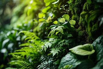 A lush green forest with a variety of plants and ferns