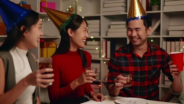 Friends join and celebrate the party with eating foods and drinks. Happy and joyful in holiday weekend and festival.