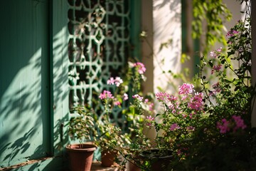 Fototapeta na wymiar Pink Flowers in a Green Pot
