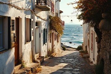 A narrow alleyway in a small village with a view of the ocean