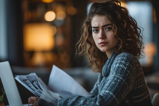 A Woman With Curly Hair And A Frown On Her Face, Reading A Book.