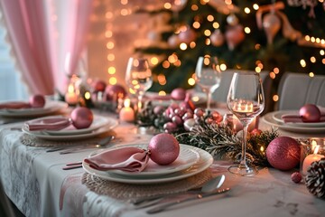 A beautifully set Christmas dinner table with pink and white decorations and wine glasses