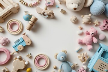 A variety of toys and stuffed animals on a white surface.