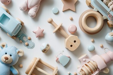 A variety of baby toys and accessories on a white surface.