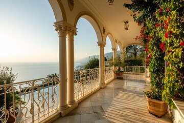 A grand staircase with a view of the ocean