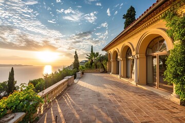 A beautiful sunset overlooking the ocean from a large terrace