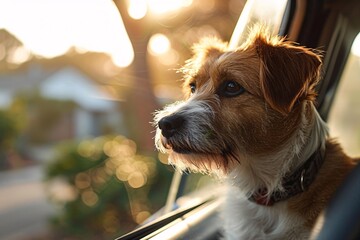 A dog looking out the window of a car
