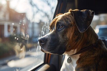 A dog looking out the window of a car