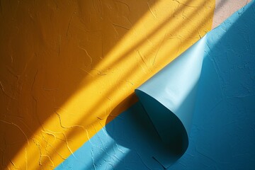 A blue and yellow striped wall with a blue and yellow striped paper hanging on it