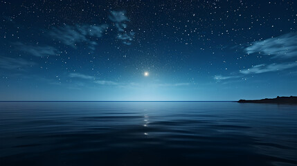 Fototapeta na wymiar Starry night with a big moon with its reflection on the water, wide shot of the open ocean, beautiful calm blue waters