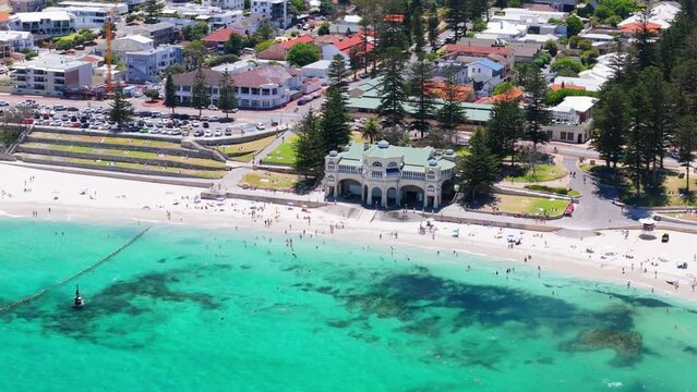 Drone panning around iconic Cottesloe Beach surf club in Western Australia on summers day.