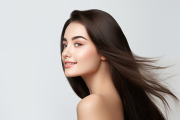 Portrait of a beautiful woman with natural make-up healthy facial skin with beauty long hair beauty spa salon concept, Side view, Isolated White background