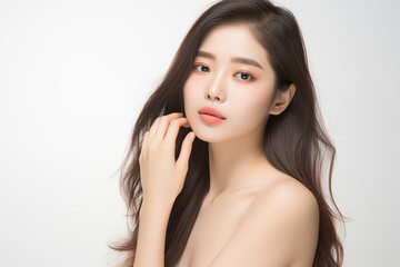 Fototapeta premium Young Asian beautiful woman healthy facial skin looking at camera, Portrait of young beautiful woman with perfect smooth skin beauty spa salon concept, Close up, Isolated background