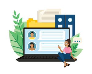 A business project is a job search application. An online application for job search, resume writing, and working from home from your laptop. Flat illustration in cartoon style