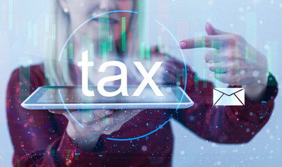 touch screen hand scan Online personal income tax icon for tax payment. State tax. Government data...