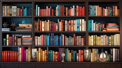 Delve into the world of diverse genres and colors as books grace a chic bookshelf, offering a visually captivating and organized arrangement. - Powered by Adobe
